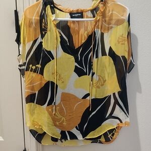 The Kooples Yellow & Black Floral Tie-Neck Blouse